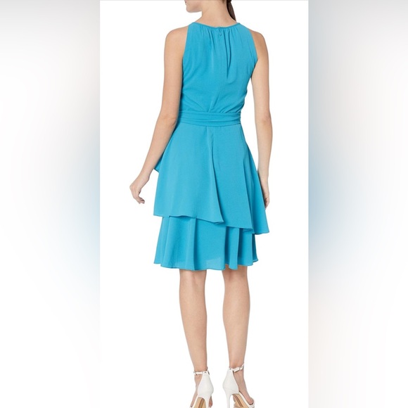 Tahari Asl Womens Blue Tiered Knee Length Belted halter NWOT - Picture 3 of 8